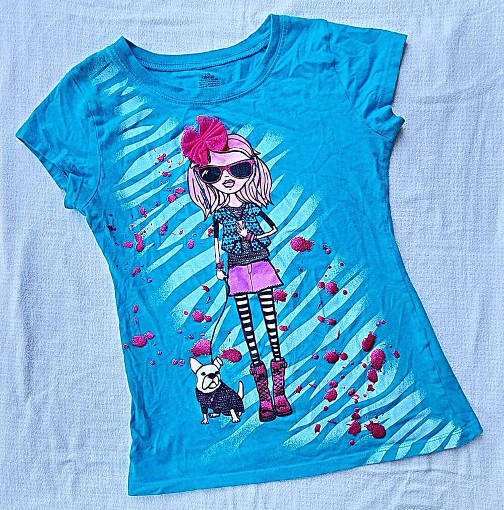EVY of California Girls Graphic 3D Bow Crew Neck Tee Teal Blue Size 10-12